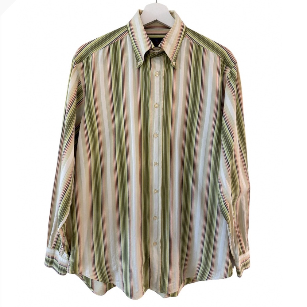 Etro Milano Men Striped Button Down Shirt Green Tan Orange Made in Italy Size 42